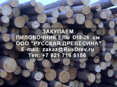Закупаем Еловый пиловочник D18-26см, L4м, г. Вологда